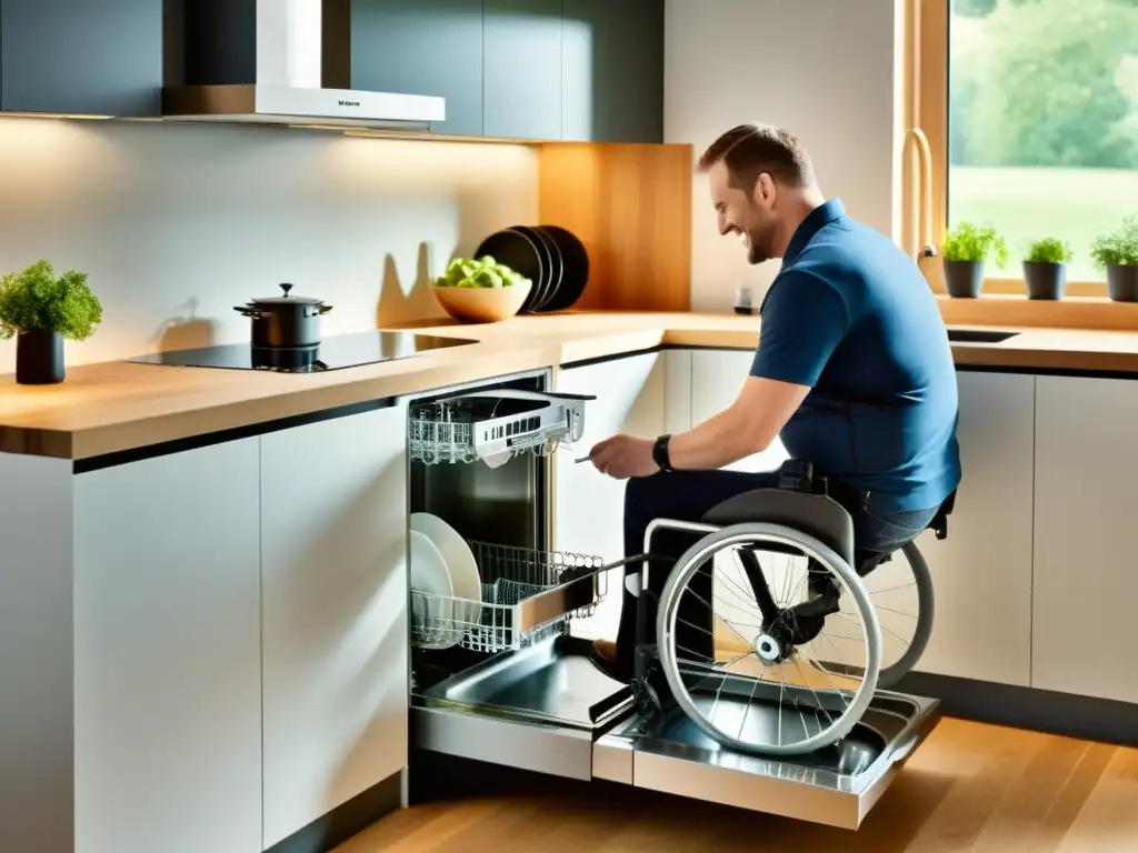 Una persona con discapacidad carga platos en un lavavajillas adaptado en una cocina accesible y moderna, irradiando confianza e independencia