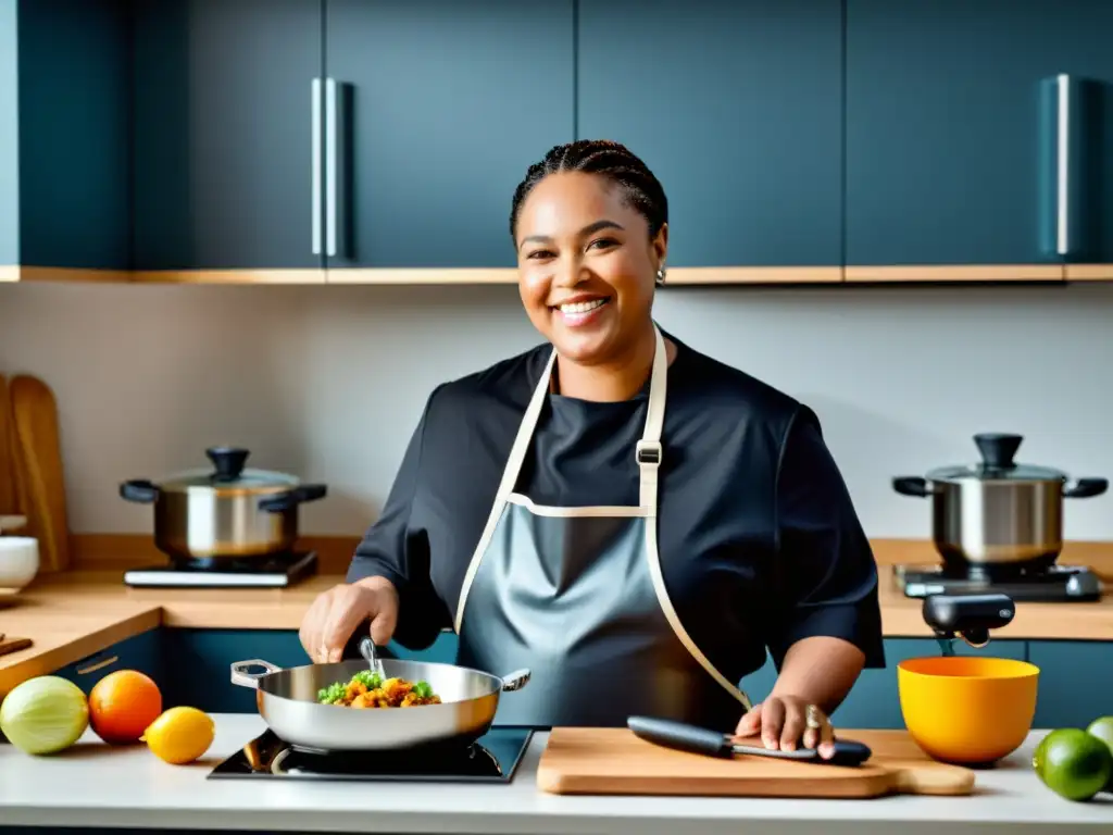 Persona con discapacidad usando utensilios de cocina adaptados, disfrutando de la independencia en una cocina moderna e inclusiva