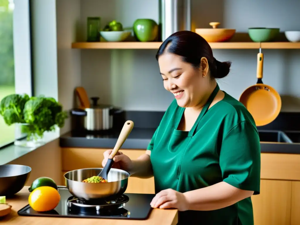 Persona con discapacidad usando utensilios de cocina adaptados, mostrando independencia y confianza en una cocina contemporánea bien iluminada