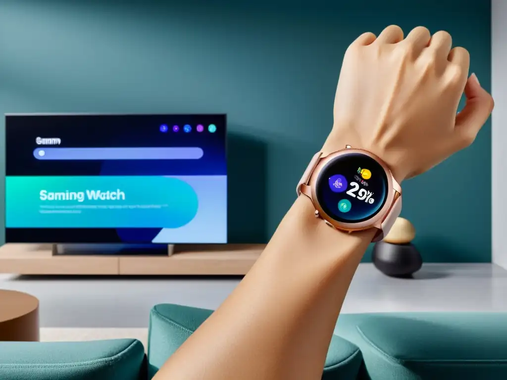 Persona controlando dispositivos del hogar con Smartwatch Samsung Galaxy Watch en moderno salón minimalista