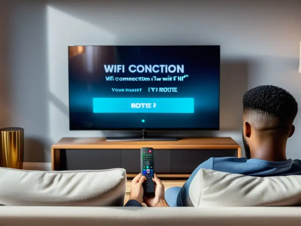 Persona frustrada solucionando problemas de conexión WiFi en Smart TV en moderna sala de estar