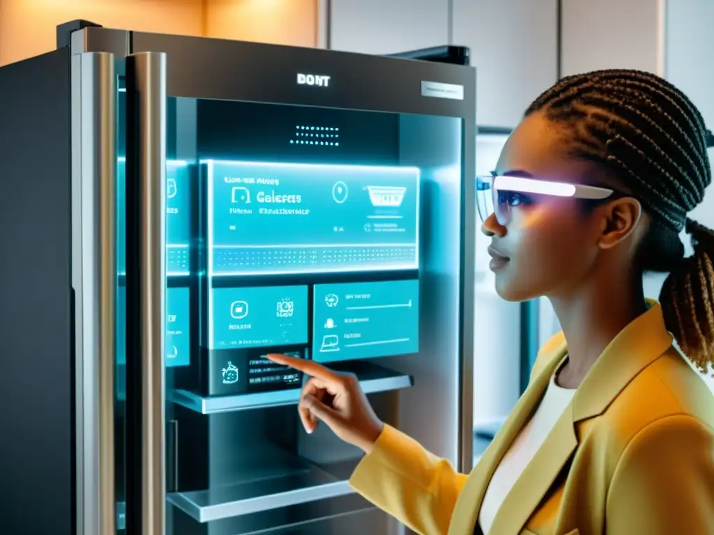 Persona usando gafas de realidad aumentada para interactuar con un refrigerador futurista