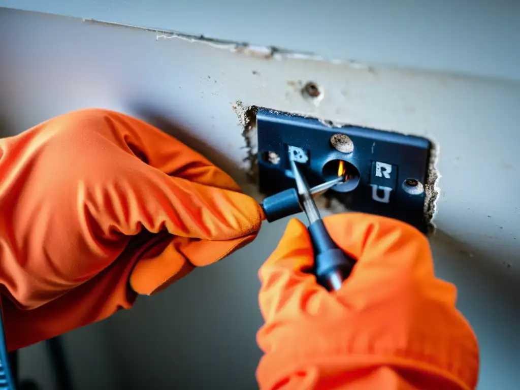 Persona usando guantes aislantes y un destornillador para reparar con precisión un enchufe eléctrico quemado, destacando las precauciones de seguridad