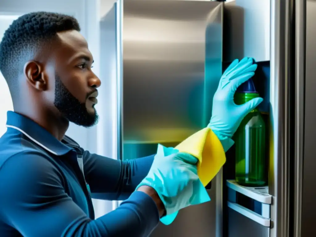 Persona en guantes de goma limpia con esmero un elegante refrigerador de acero inoxidable