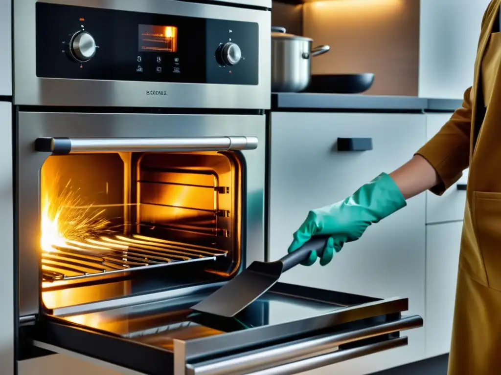 Persona con guantes restaura función autolimpieza horno con herramienta moderna en cocina reluciente