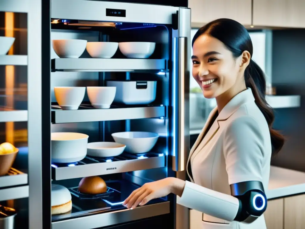 Persona con movilidad reducida usando un moderno brazo robótico en cocina accesible