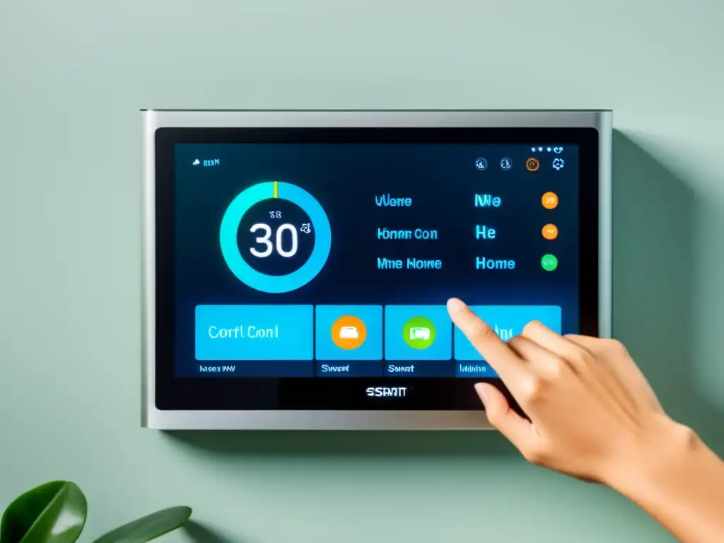 Persona interactuando con panel de control domótico moderno, demostrando usabilidad en sistemas de domótica