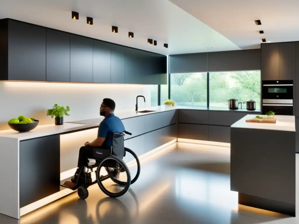 Persona en silla de ruedas disfruta de cocina accesible con tecnología para hogar inclusivo y diseño moderno