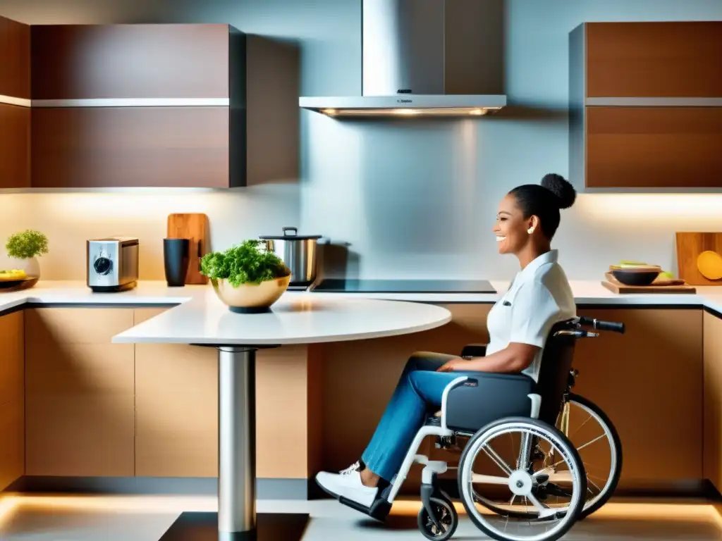 Persona en silla de ruedas usa electrodomésticos ergonómicos en cocina moderna y accesible