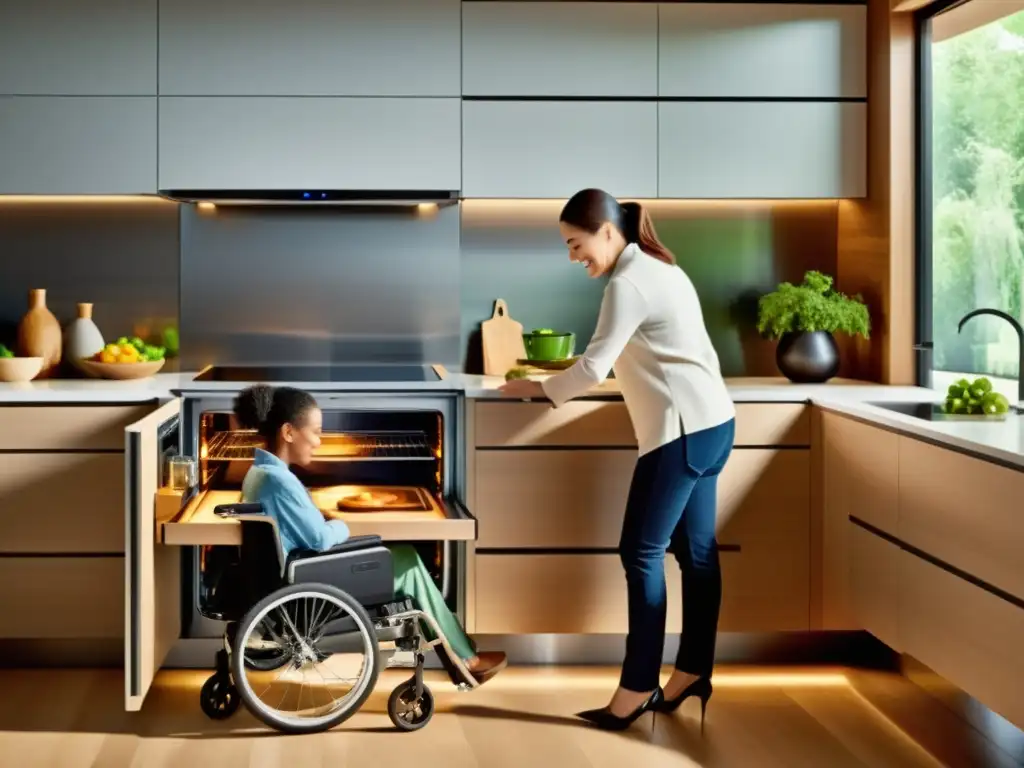 Persona en silla de ruedas usando electrodomésticos accesibles en una cocina moderna