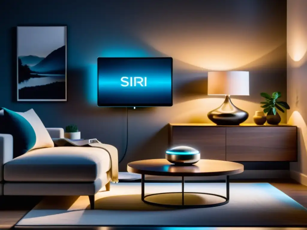 Persona controla casa con voz Siri HomeKit en moderno salón iluminado ambientalmente, creando atmósfera acogedora y moderna