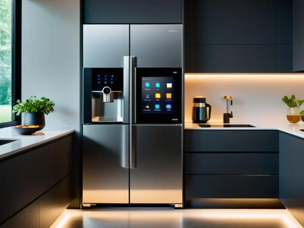 Personalización de electrodomésticos inteligentes en una cocina moderna con diseño minimalista y luces suaves