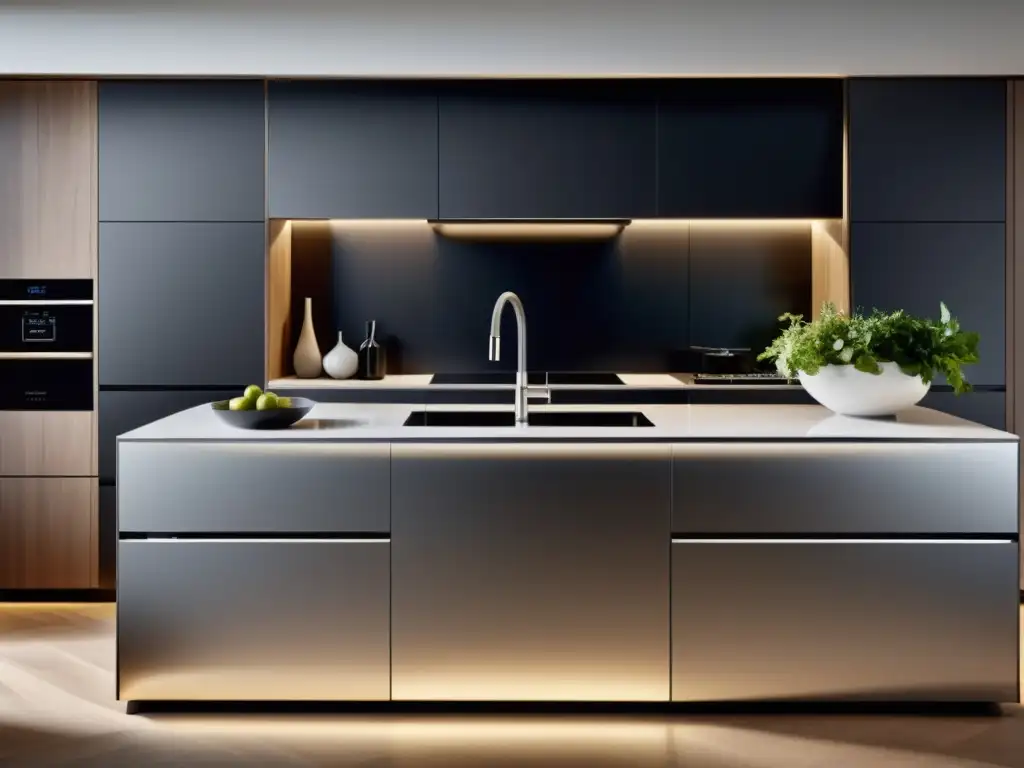 Personalización de electrodomésticos inteligentes en una cocina moderna y elegante, con iluminación ambiental suave