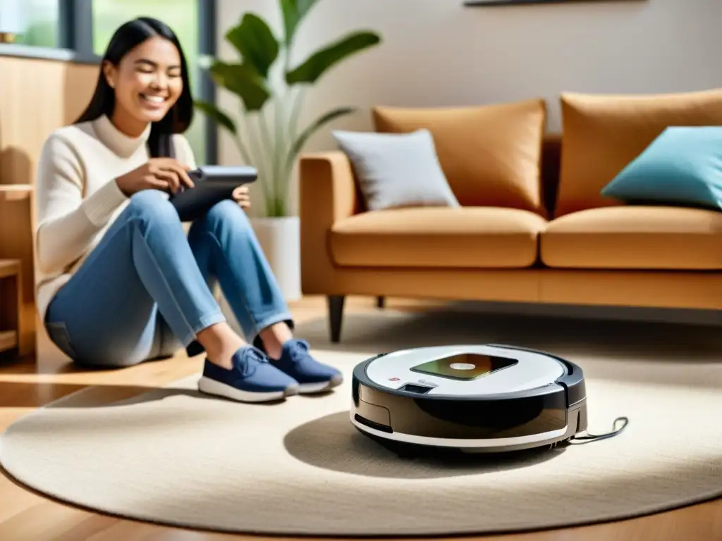 Robot aspiradora: inclusividad y autonomía para personas con discapacidad Personas con discapacidad usando robot aspiradora, transmitiendo independencia y accesibilidad en el hogar