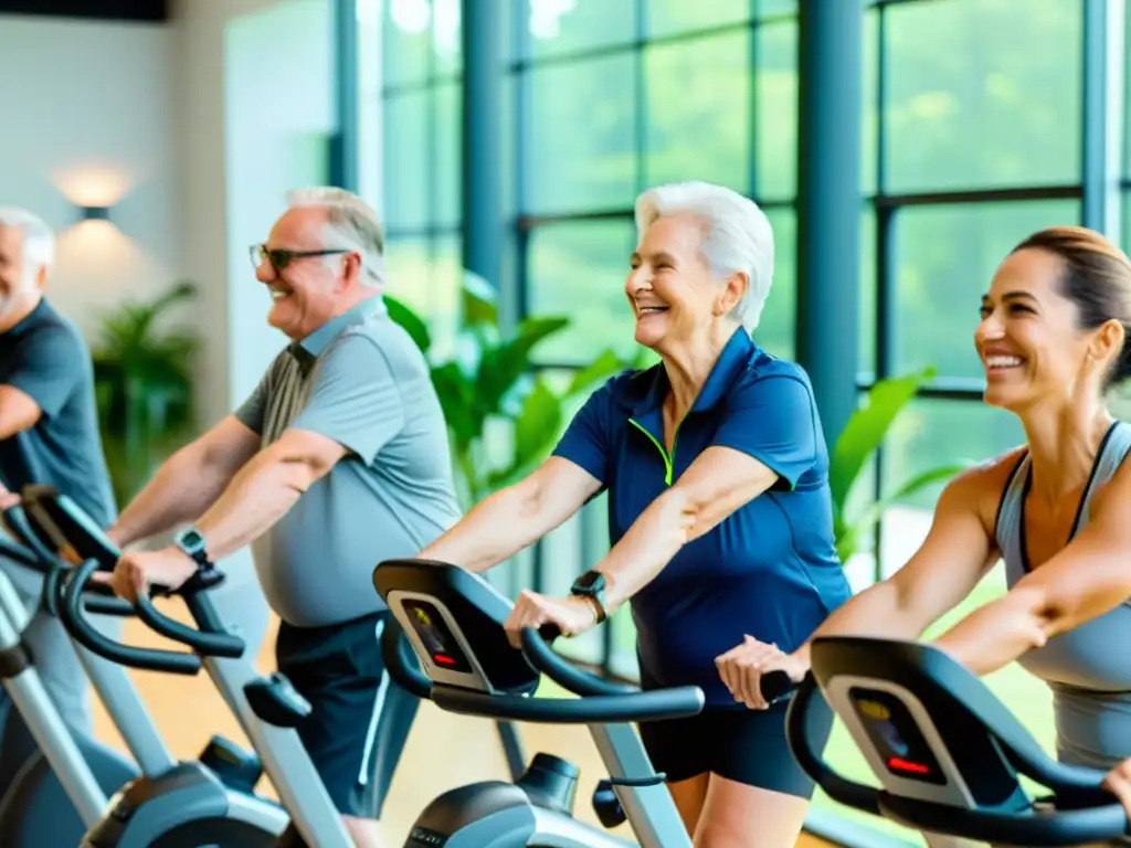 Personas mayores usan equipos de ejercicio inteligentes en un gimnasio moderno y luminoso, fomentando la comunidad y la inclusividad