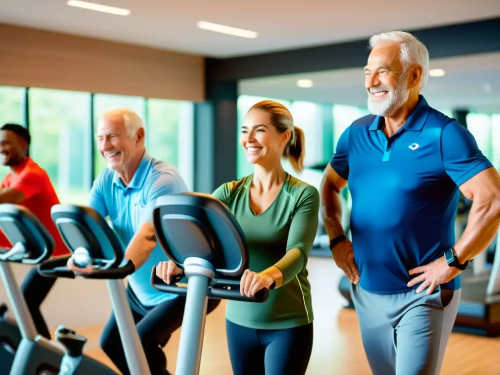 Personas mayores sonríen mientras utilizan equipos de ejercicio inteligentes en un gimnasio moderno, transmitiendo inclusividad y bienestar