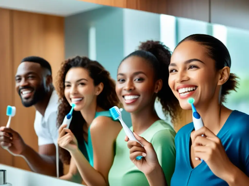 Personas sonrientes con diferentes cepillos de dientes eléctricos en un baño moderno, mostrando las mejores opciones