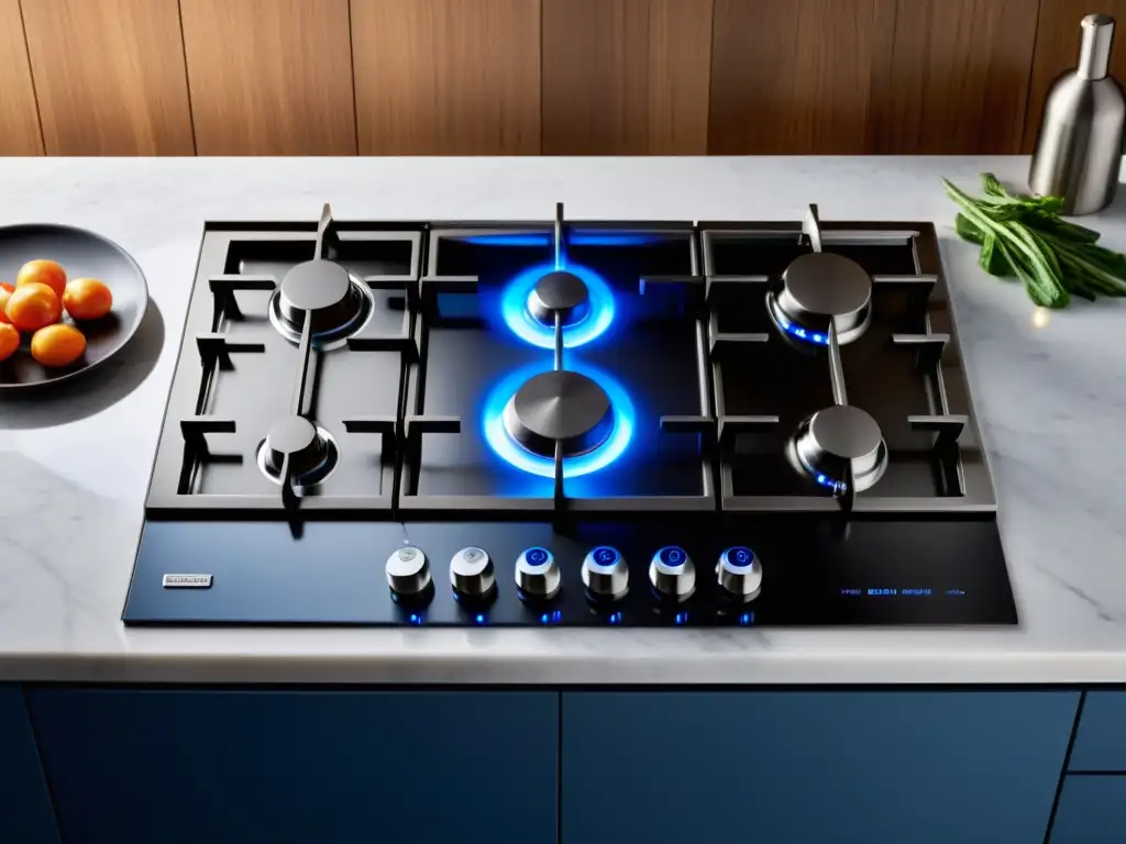 Placa de gas moderna con encendido azul, en una cocina contemporánea con encimeras de mármol