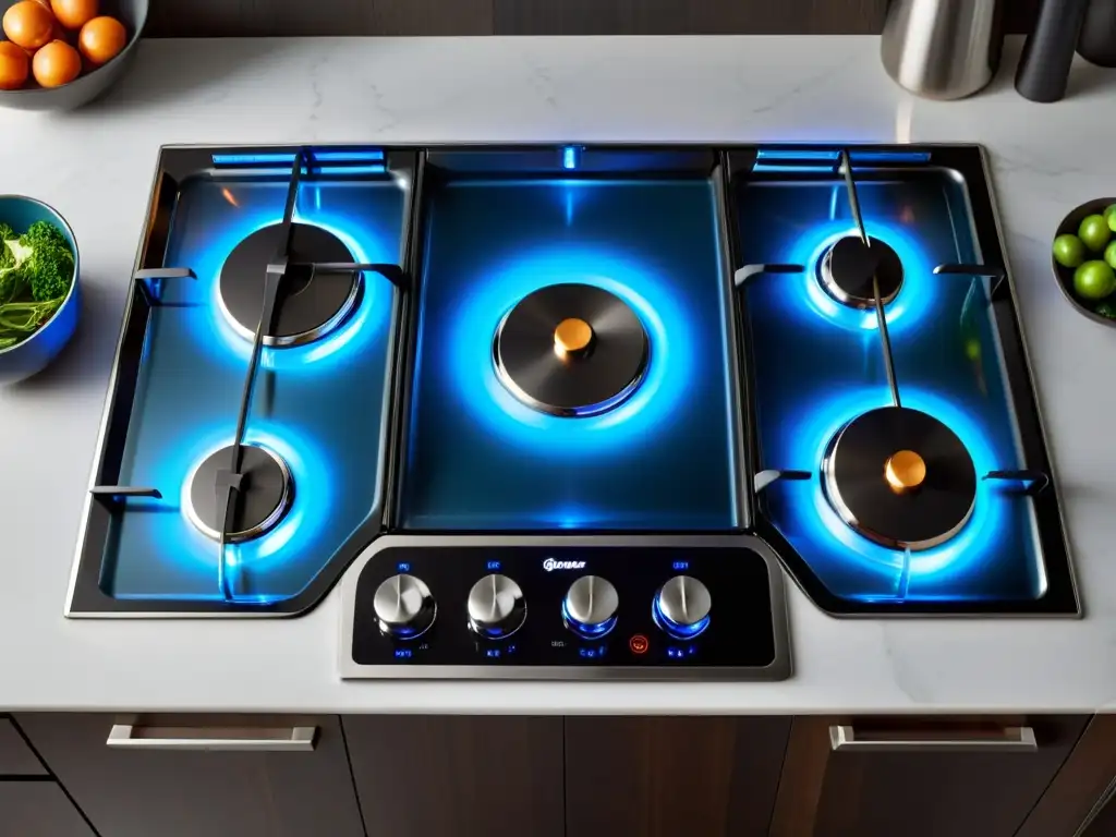 Placa de gas moderna con quemadores azules, iluminada y limpia, en una cocina cálida