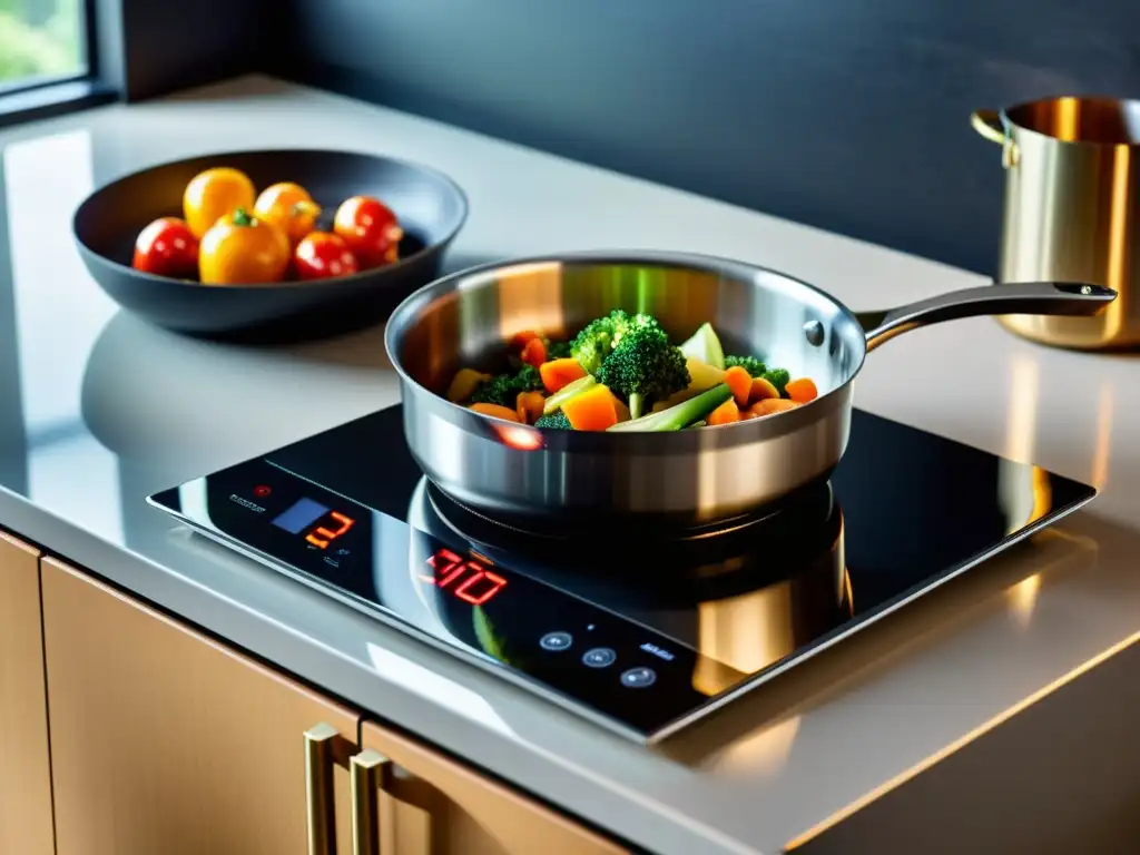 Una placa de inducción moderna con control digital, cocinando vegetales y salteando en un sartén