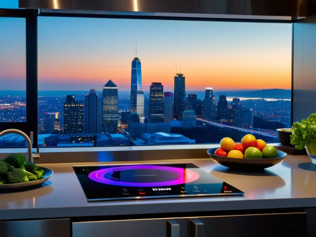 Placa de inducción moderna en elegante cocina con vista a la ciudad al atardecer