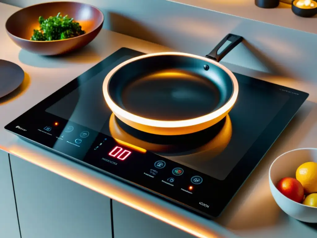 Placas de inducción inteligentes eficiencia: moderna cocina de diseño con control preciso de temperatura y luz ambiental acogedora