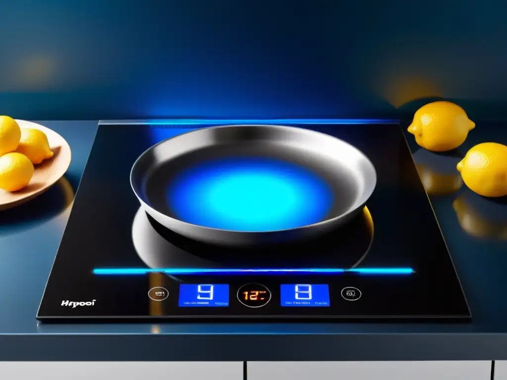 Placas de inducción tecnología cristal frío: Cocina moderna con superficie de vidrio negro y controles táctiles, iluminada en azul