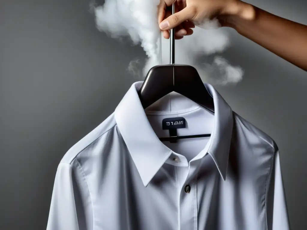 Una plancha de vapor vertical eficiente deslizándose sobre una camisa blanca impecable, creando una nube de calor mientras alisa las arrugas