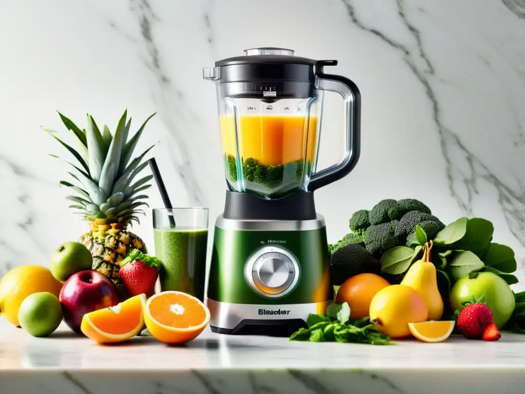 Un potente blender en una encimera de mármol rodeado de frutas frescas y verduras, creando un smoothie verde vibrante y suave