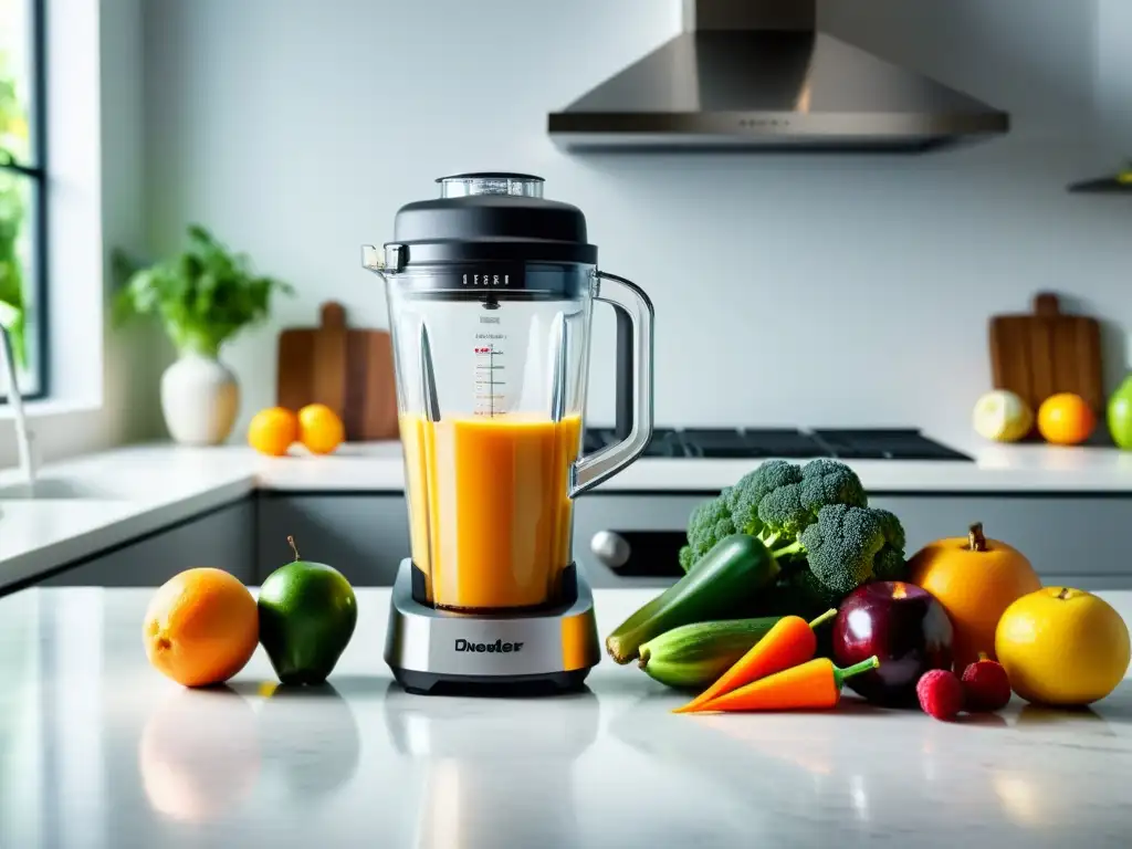 Blender potente para smoothies saludables con frutas y verduras vibrantes listas para mezclar en una cocina luminosa y acogedora