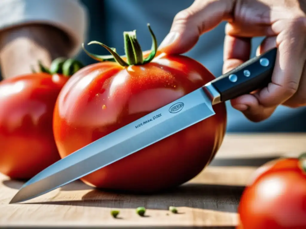 La precisión de un cuchillo manual cortando un tomate maduro