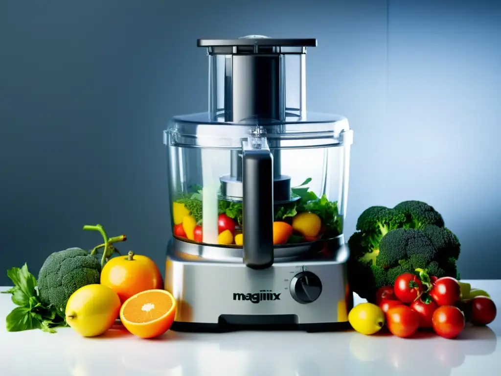 Un procesador de alimentos Magimix en acción, con cuchillas de acero inoxidable y una variedad de frutas y verduras frescas