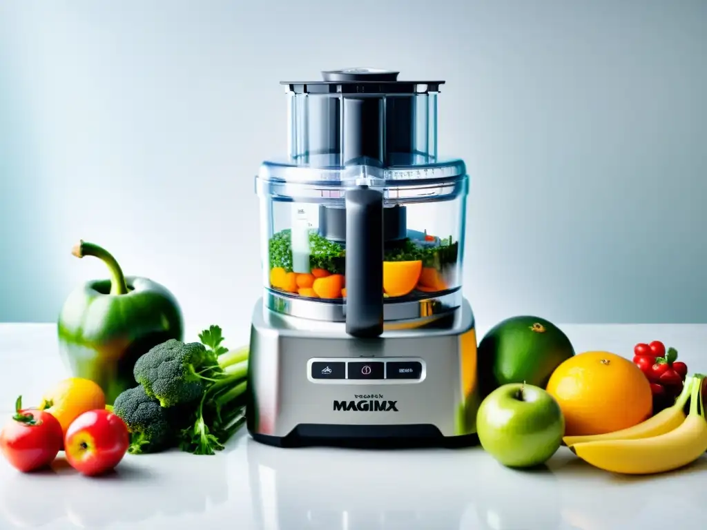 Un procesador de alimentos Magimix moderno y elegante en un entorno luminoso, rodeado de frutas y verduras frescas