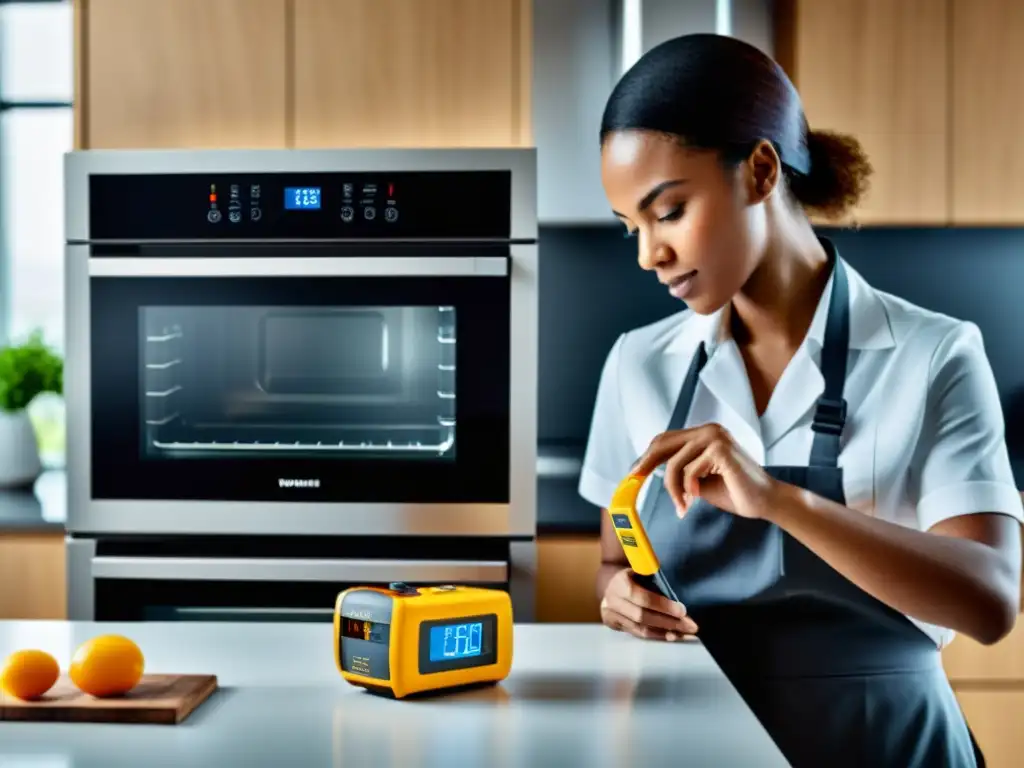 Profesional realizando pruebas de seguridad en electrodoméstico nuevo en cocina moderna