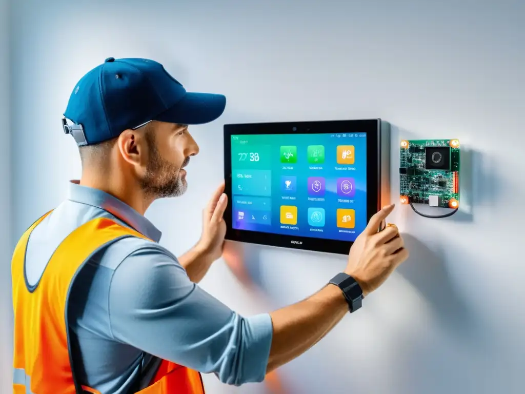 Instalación profesional de sistemas de automatización para el hogar con panel de control de alta tecnología montado en pared blanca, rodeado de herramientas y cables organizados