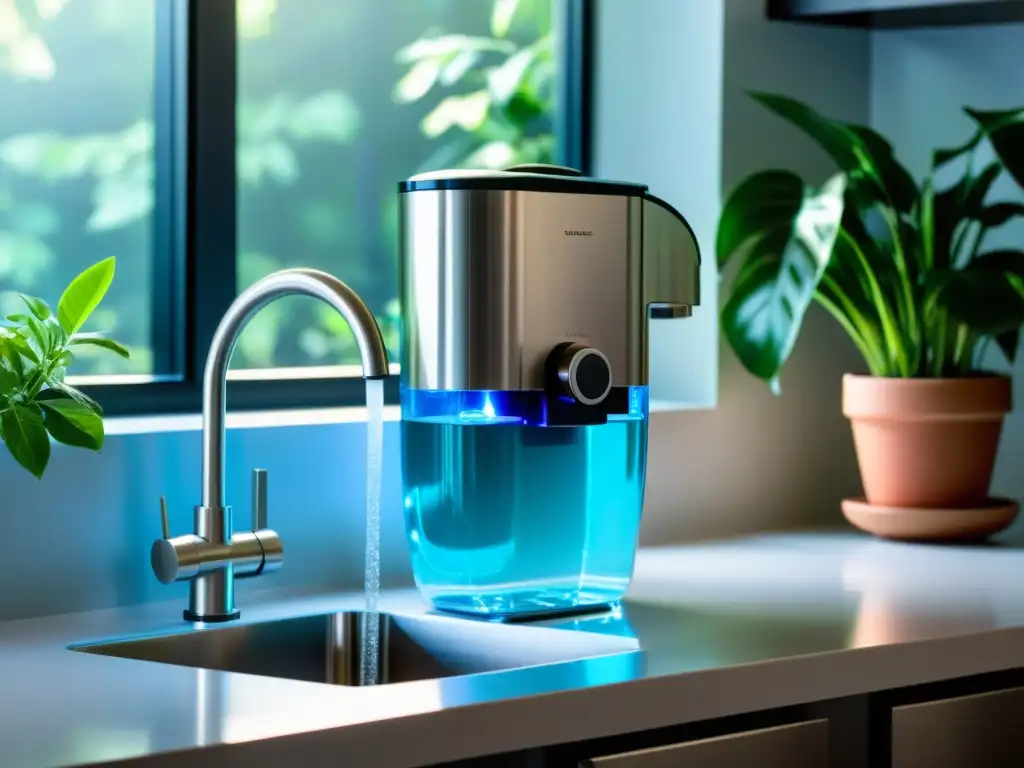 Un purificador de agua alcalina de acero inoxidable iluminado con luz azul en una cocina moderna y serena