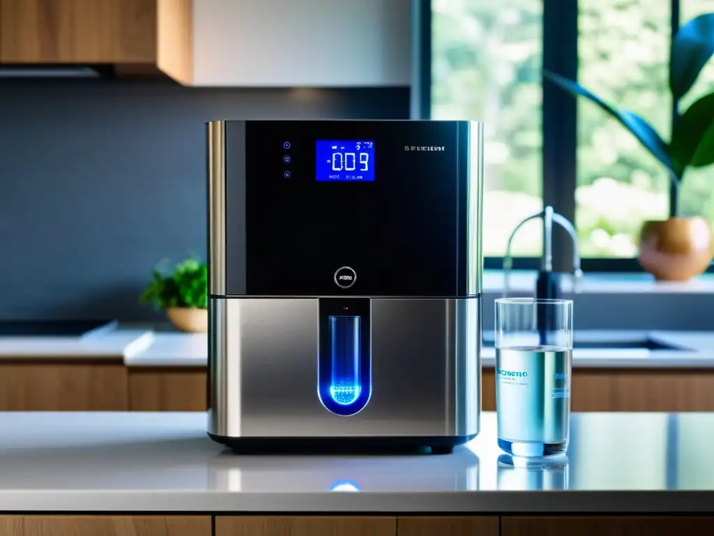 Un purificador de agua alcalina moderno y elegante en una cocina sofisticada con tonos de acero inoxidable y luces LED