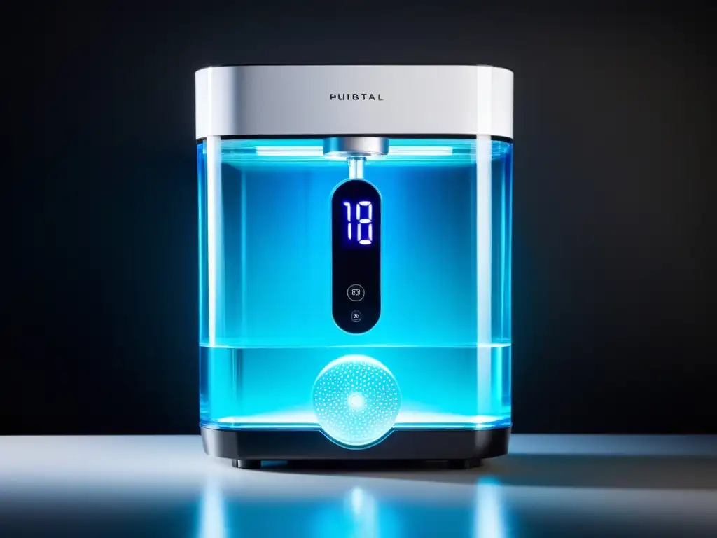 Un purificador de agua alcalina moderno y elegante con pantalla digital, rodeado de luz suave y ambiente relajante