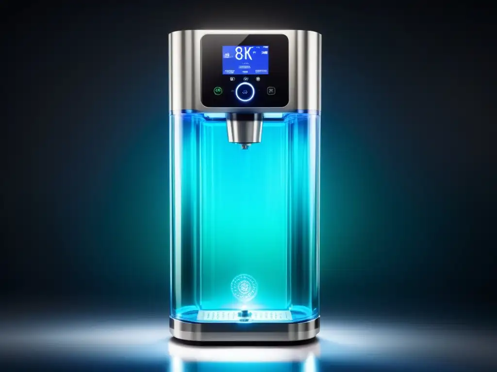 Un purificador de agua de última generación muestra su avanzada tecnología y eficiencia, con un diseño moderno y una filtración cristalina