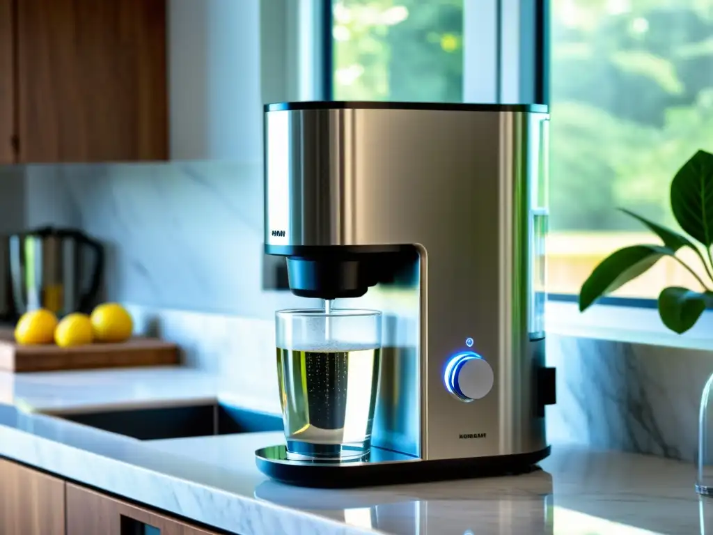 Un purificador de agua moderno de acero inoxidable en una elegante cocina contemporánea, transmitiendo beneficios purificadores agua hogar