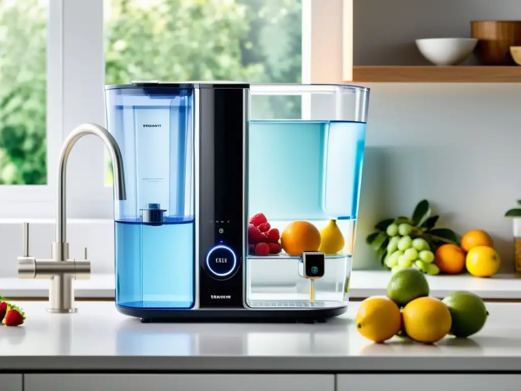 Un purificador de agua moderno y elegante en una cocina con frutas frescas y agua cristalina, transmitiendo beneficios purificadores agua hogar