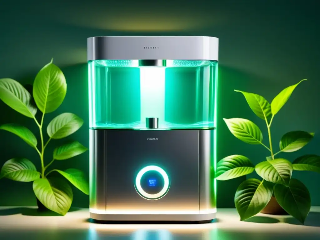 Un purificador de agua moderno y elegante elimina contaminantes, rodeado de exuberante vegetación