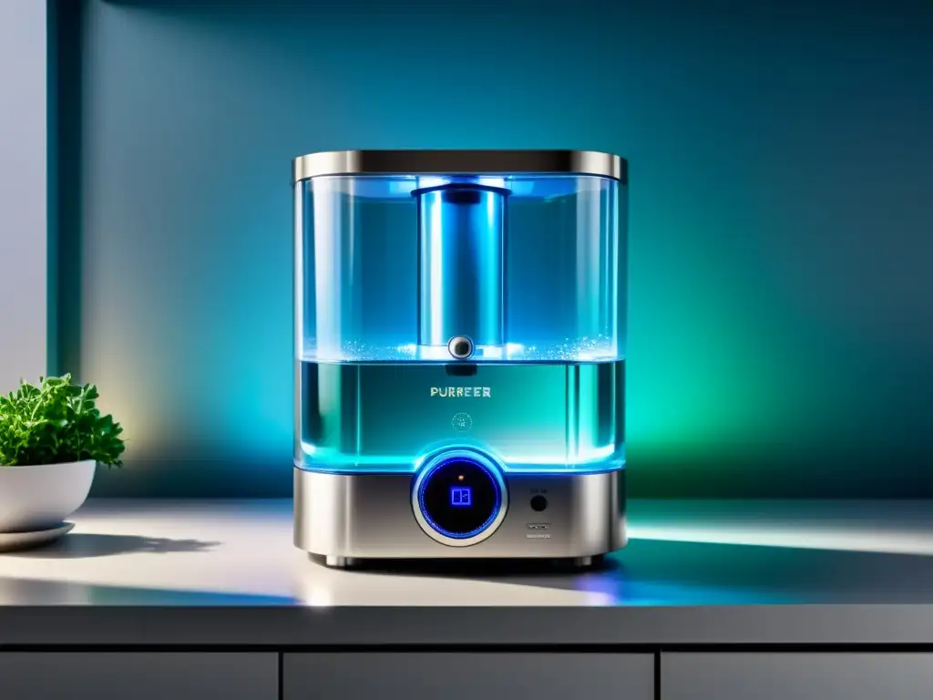 Un purificador de agua moderno y elegante iluminado con luces de colores, destacando en una encimera de cocina limpia y brillante