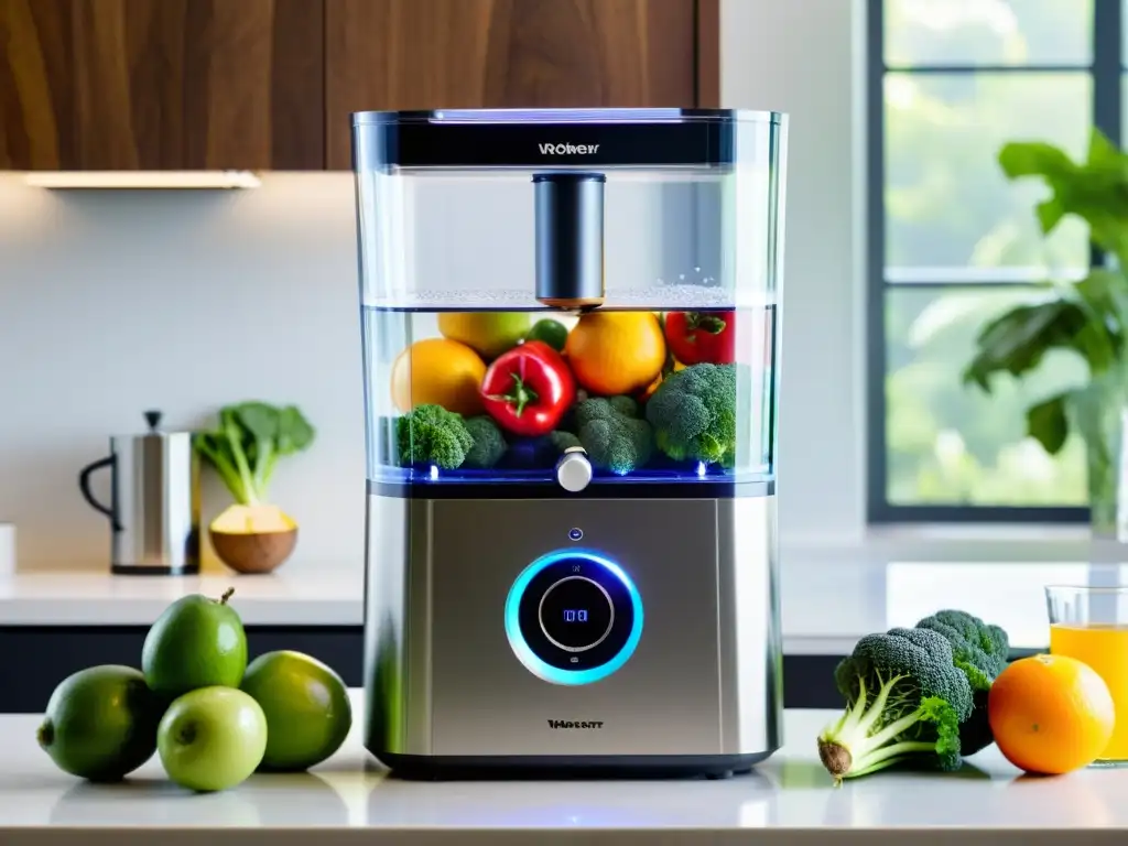 Un purificador de agua moderno en la encimera de la cocina, rodeado de frutas y verduras frescas