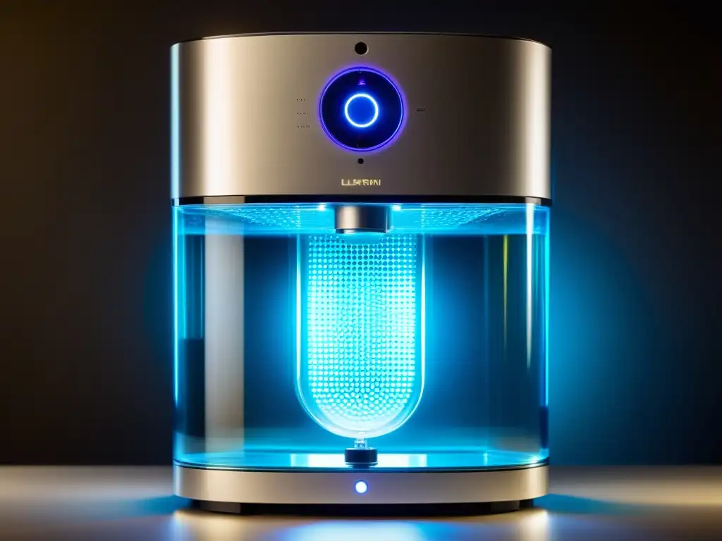 Un purificador de agua moderno y futurista con luces LED iluminando sus filtros y membranas