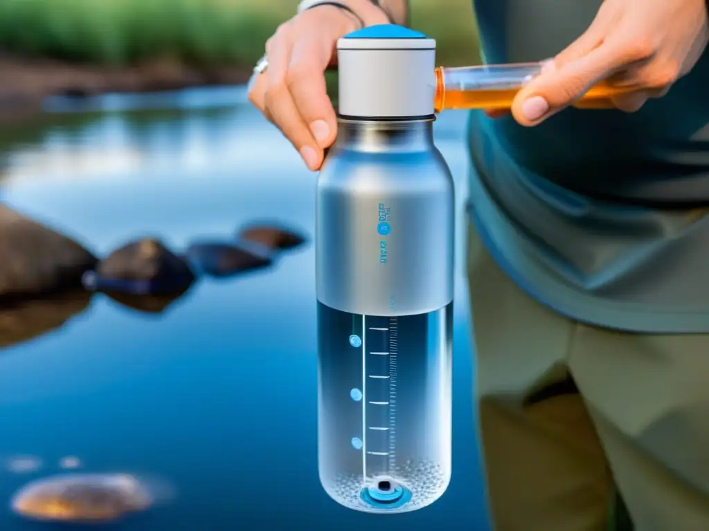 Un purificador de agua portátil en acción, llenando una botella con agua purificada, capturando la pureza y la practicidad para viajes