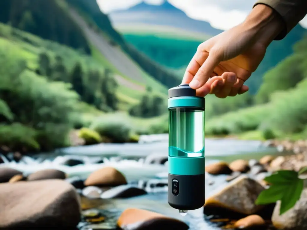 Un purificador de agua portátil en mano en un arroyo de montaña, transmitiendo la pureza y frescura del agua