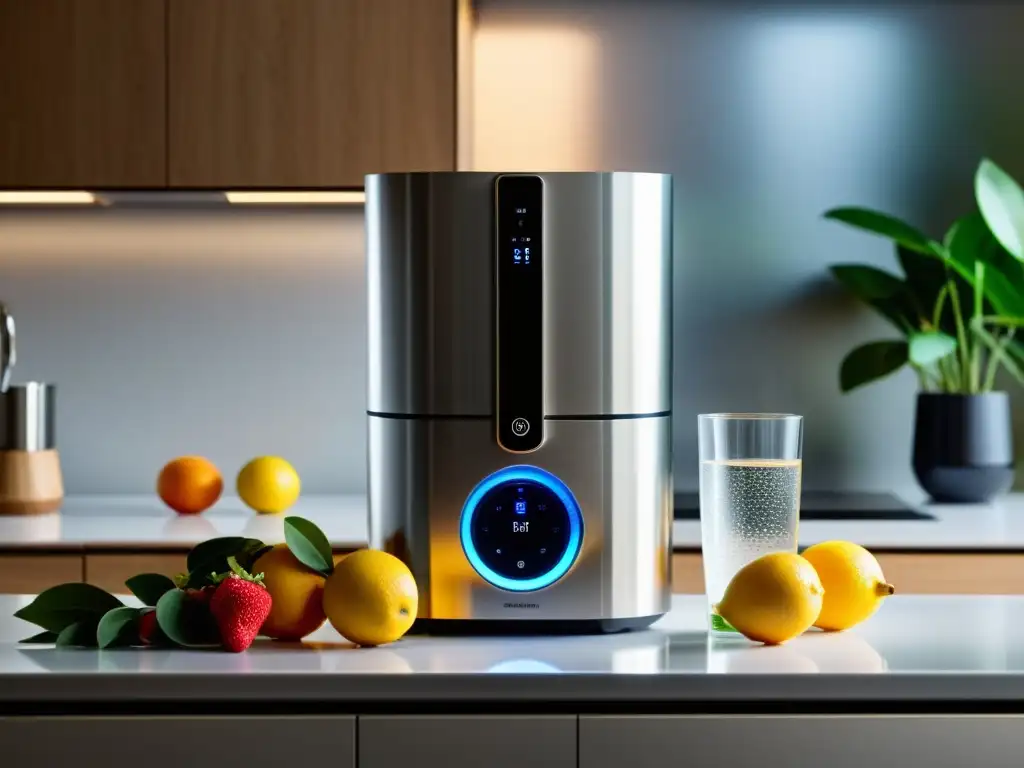 Un purificador de agua de última generación en una cocina moderna, iluminado con un suave resplandor cálido, con frutas y verduras frescas cerca