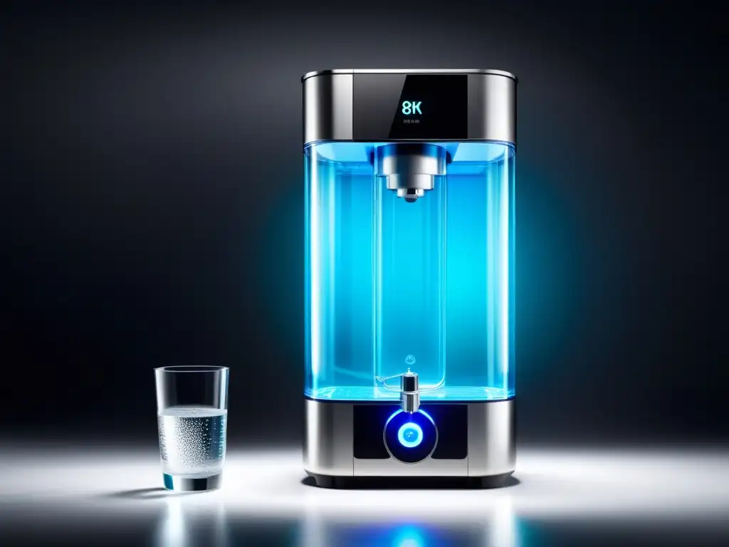 Un purificador de agua de última generación con diseño futurista y sofisticado, mostrando la pureza del agua en un elegante sistema de filtración