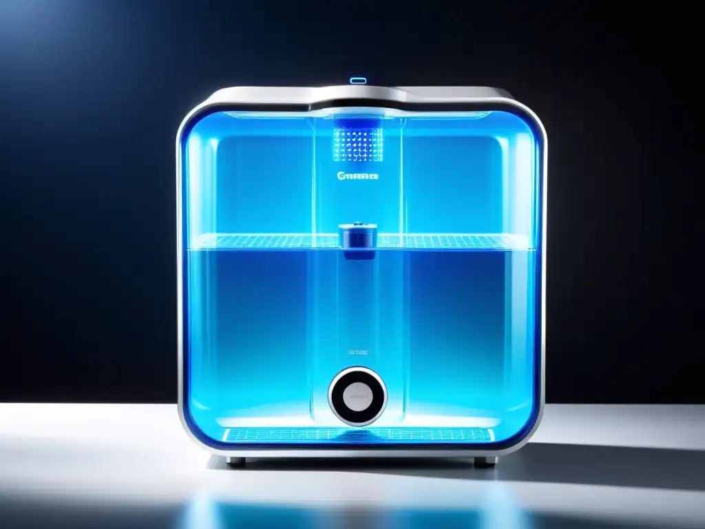 Purificador de agua de última generación iluminado con luces LED azules, en un entorno de cocina moderna y minimalista